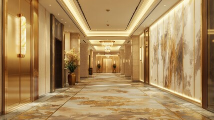Elegant Hotel Corridor with Modern Decor and Luxurious Lighting