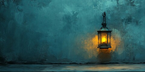 Glowing Lantern Against a Textured Teal Wall