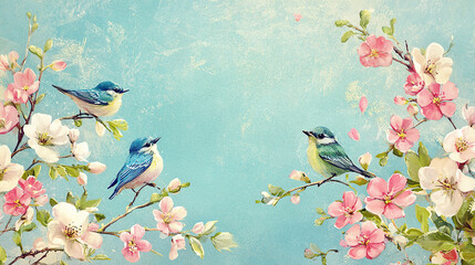 Bluebirds Among Cherry Blossoms on a Pastel Background