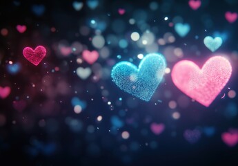 Fototapeta premium Neon blue and pink hearts on a dark background with blurred heart bokeh lights for a Valentine's Day or love concept Glowing neon sign in the shape of a red heart Generative AI