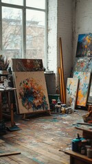 Artistic Studio with Creative Mess and Colorful Paintings
