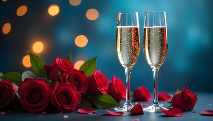 Valentines day background with champagne glasses and red roses
