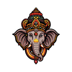 Detailed vector illustration of the head of Ganesha, an ancient Indian deity, with intricate details and vibrant colors.