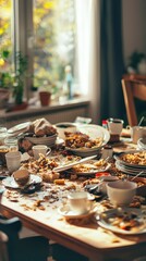 Messy Dining Table After Gathering with Plates, Cups, and Food Remnants