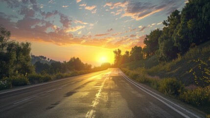 Obraz premium A captivating sunrise over a winding highway surrounded by lush greenery and vibrant colors