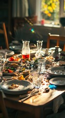Vibrant Table Setting with Food and Drinks in Warm Natural Light