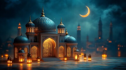 Fototapeta premium Illuminated Mosque at Night Under Crescent Moon