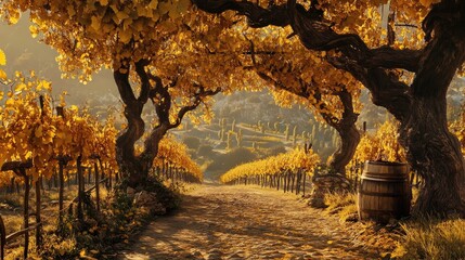 A picturesque vineyard at harvest time, with grapevines heavy with fruit and golden leaves painting...