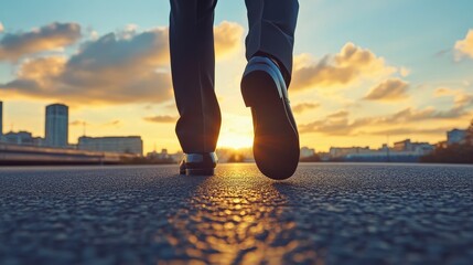 Person Walking on Road at Sunset with Cityscape in Background