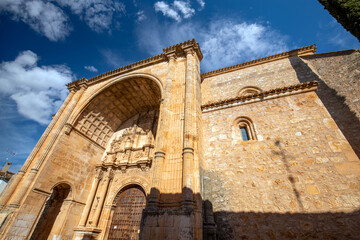 Renaissance facade of the church of Santa Mar&iacute;a in Alarcon, Cuenca, Castilla-La Mancha, Spain with daylight