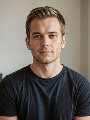 Fototapeta premium Hombre blanco y joven de cabello rubio usando una camiseta negra casual en un estudio 