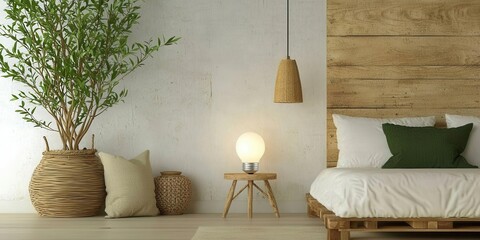 Modern bedroom featuring natural elements and minimalist decor.
