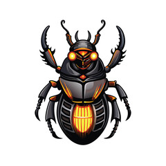 A futuristic robotic beetle with a hard metal shell and glowing eyes.