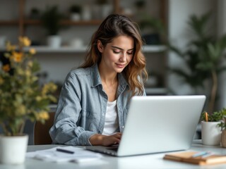 A dedicated mother balancing work and home responsibilities, multitasking with a laptop and household tasks in a vibrant home setting