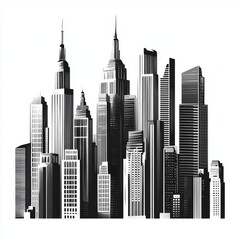 Obraz premium Monochrome cityscape illustration, skyscrapers, urban skyline.