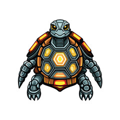 A futuristic robotic turtle with a hard metal shell, glowing orange lights, and sharp claws.