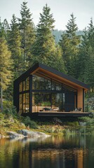 Obraz premium Modern Cabin Retreat by Serene Lake Surrounded by Evergreen Forests