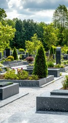 Serene Cemetery Landscape with Gravestones and Lush Greenery