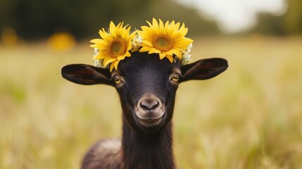 Adorable young black goat wearing a sunflower crown in a field.  A charming summer scene.