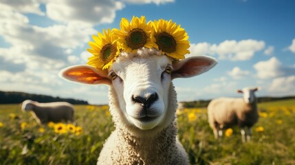 Obraz premium Adorable sheep wearing a sunflower crown in a field of sunflowers. A heartwarming summer scene.
