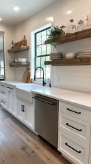 Fototapeta premium Modern Kitchen Design with White Cabinets and Wooden Shelves