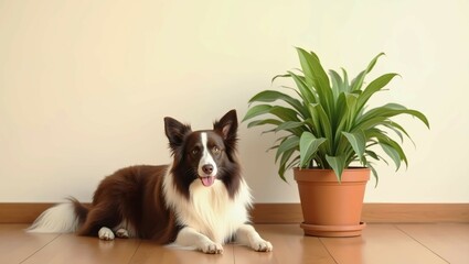 Relaxed Border Collie and Potted Plant: A serene image of a chocolate and white Border Collie lying peacefully on a hardwood floor next to a vibrant potted plant.