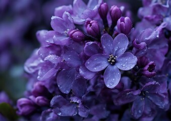 Purple Lilac Flowers with Dewdrops in Soft Focus. Perfect for nature-themed designs, floral backgrounds, or spring-inspired marketing materials highlighting natural beauty and elegance
