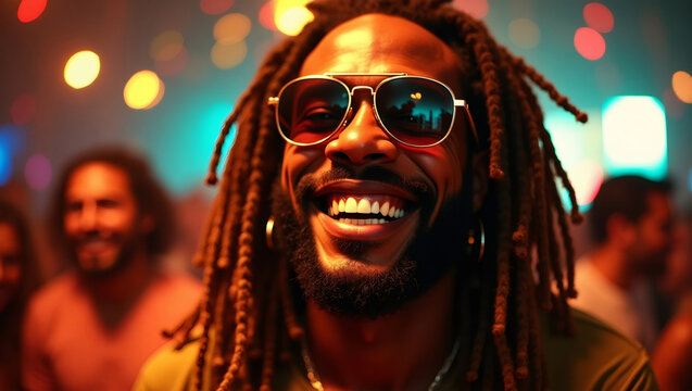 Nightlife Smile: A charismatic man with long dreadlocks and sunglasses beams radiantly at a vibrant nightclub party. The warm lighting and joyful atmosphere create a captivating image.