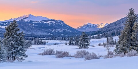 Obraz premium Snow covered mountain range sunrise winter landscape