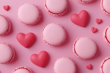 Fototapeta premium Valentine's Day Pink Macarons Hearts Sweet Valentine s Day Treats Romantic Background