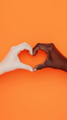 Obraz premium a black hand and white hand forming a heart shape against a solid peach background.