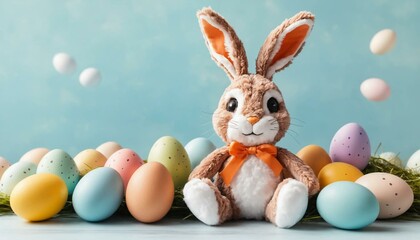 Adorable plush bunny surrounded by pastel Easter eggs. Perfect for spring celebrations and holiday greetings!