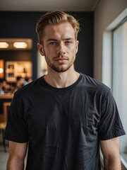 Fototapeta premium Retrato de hombre blanco con camiseta casual negra en el interior de una habitación 