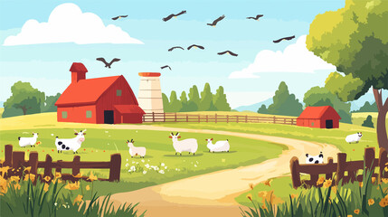 Wide angle vector cartoon illustration of farm animals for educational use