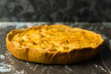 Delicious French quiche pie with chicken and cheese on a dark background with place for text, copy space. Concept of food blog, writing recipes.