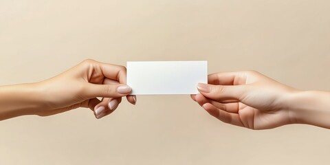 Two hands exchanging a simple and sleek white business card against a beige background