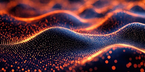 Dynamic visualization of data waves in orange dots on a dark background