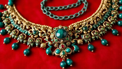 Obraz premium Luxurious gold and malachite necklace displayed on vibrant red fabric, exquisite jewelry piece