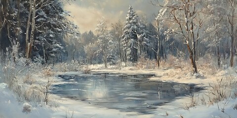 Winter Landscape Featuring Frozen Pond and Snow Covered Trees