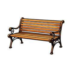 A wooden bench with a slatted backrest and elegant scrolled armrests, rendered in a cartoon style with vibrant colors and a white background.