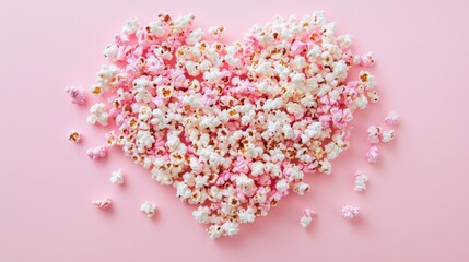 Heart made of popcorn on pink color background. Love the cinema, dating, and Valentine's Day concept