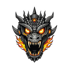 Fierce mechanical dragon head with glowing eyes and sharp teeth.