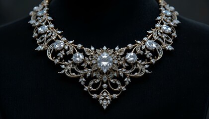 Elegant vintage necklace with gemstones displayed on black background, luxurious jewelry
