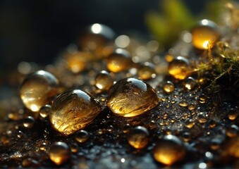 Yellow Leaf Raindrops on Dark Surface Closeup. Ideal for abstract designs, creative backgrounds, or advertisements emphasizing luxury, elegance, natural beauty