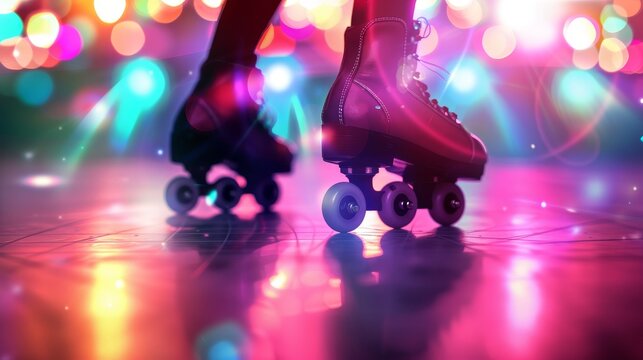 Vibrant rollerskating party background featuring colorful lighting and realistic atmosphere