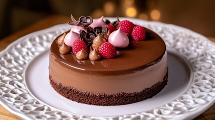 Decadent chocolate mousse cake sits on an elegant white plate, topped with fresh raspberries, chocolate truffles, and delicate pink meringues, creating a luxurious dessert display
