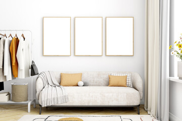 Three frame mockup A4 in living room, 3d render
