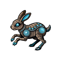 A cartoon illustration of a mechanical rabbit with hydraulic legs and glowing blue eyes.