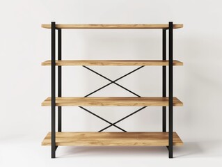 minimalist bookshelf with black metal frame and natural wood shelves