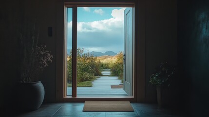 Fototapeta premium Tranquil Entrance with Open Door and Scenic Nature View